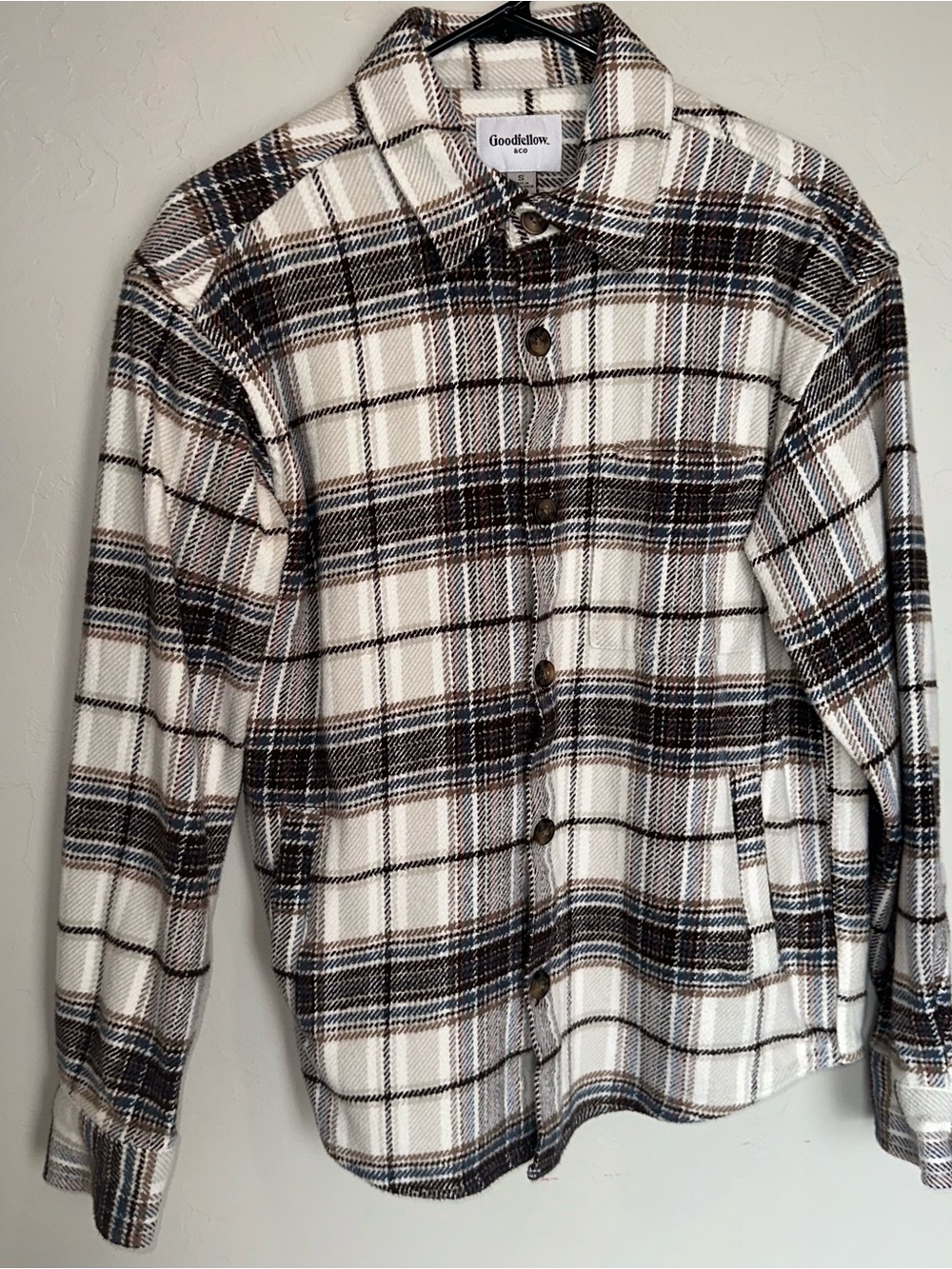Goodfellow & Co Cream, Brown and Black Plaid Button Down Shirt/Jacket